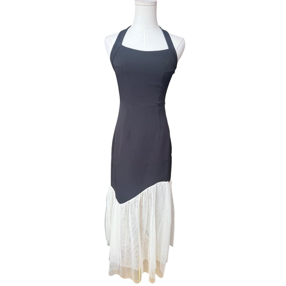 Commense Black And White Halter Backless Maxi Dress XS‎ NWT Asymmetrical Sheer